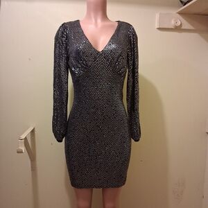 Alexa B Nites Silver Sequin Long Sleeve Bodycon Mini Dress Size 6